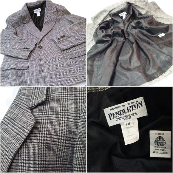 Vintage 90s Pendleton Blazer Wool Plaid Houndstooth -14P Single-Button BlackGrey - Picture 8 of 9